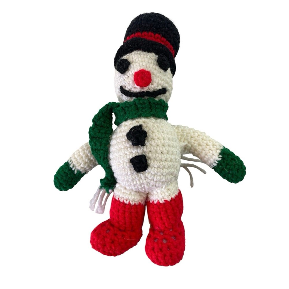 MCM 1960's Handmade Snowman Crochet Plush Winter Christmas 10” w Scarf